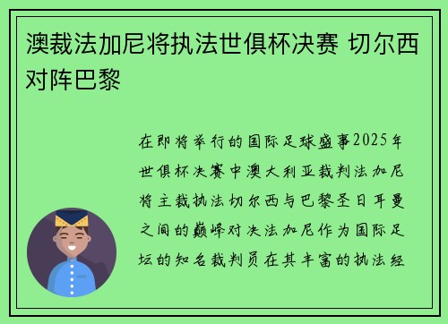 澳裁法加尼将执法世俱杯决赛 切尔西对阵巴黎 澳裁法加尼将执法世俱杯决赛 切尔西对阵巴黎