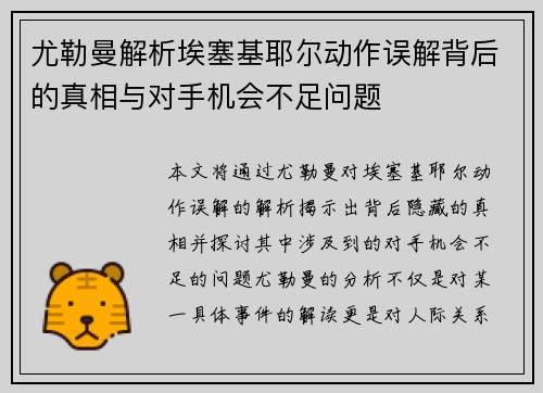 尤勒曼解析埃塞基耶尔动作误解背后的真相与对手机会不足问题